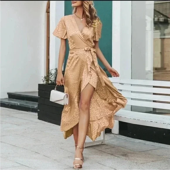 NWT Simplee Midi Animal Print Wrap Asymmetric Dress Size Large in Gold - Picture 5 of 13